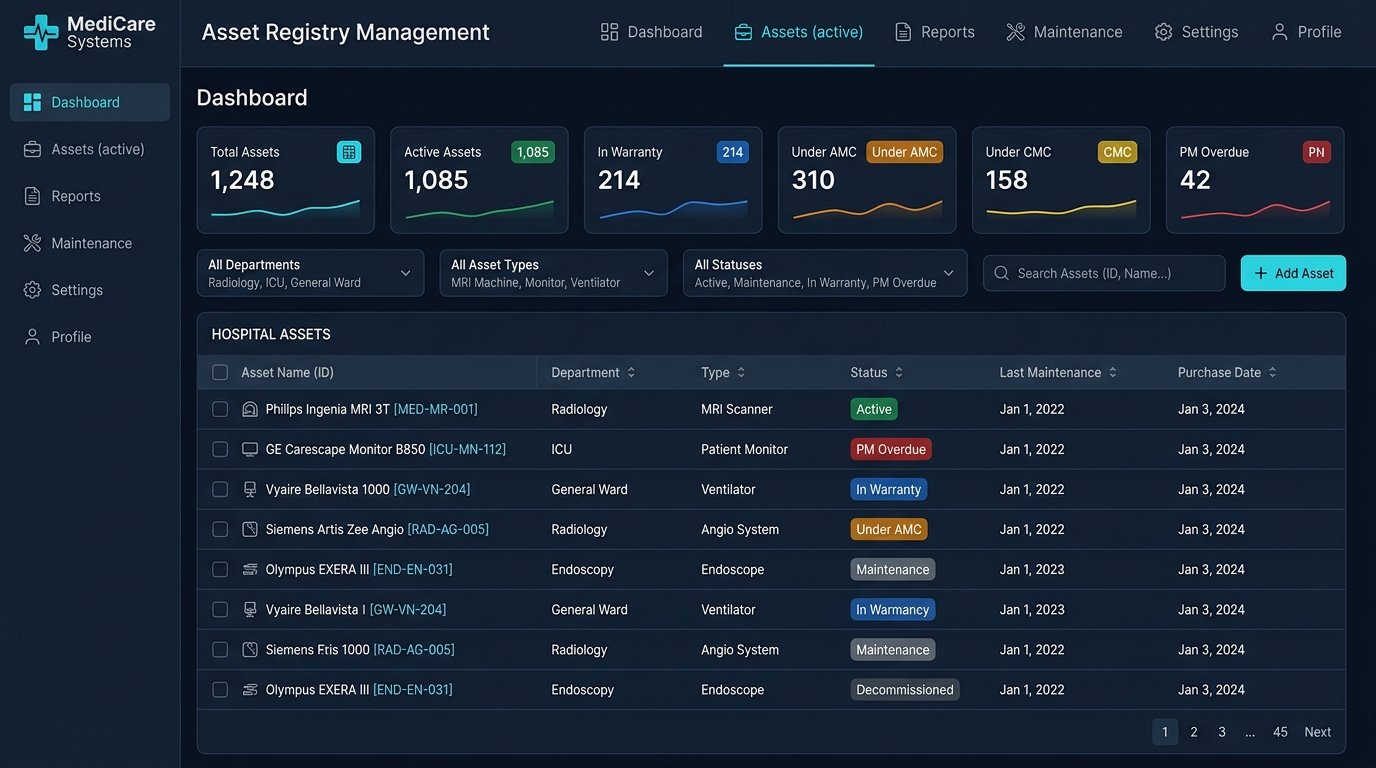 Solpros Asset Registry module showing multi-status asset filtering by department, type, and maintenance contract